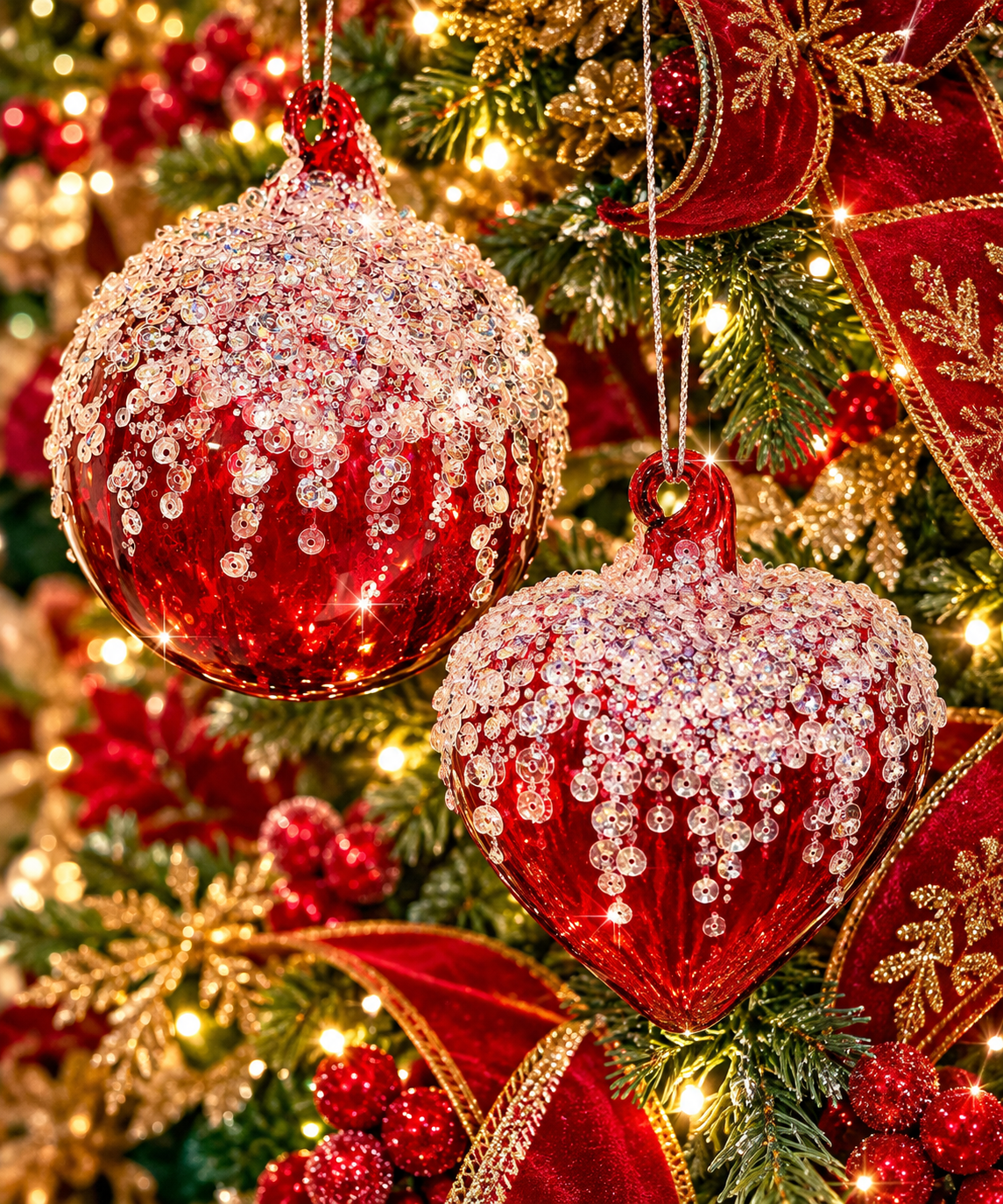 4 inch Red Glass Icicle-Sequin Christmas Ornaments – Assorted Set of 12