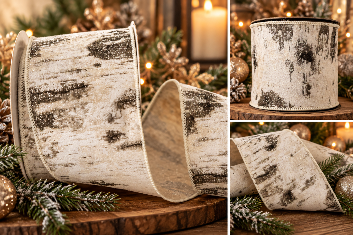 Birch tree patterned ribbon shown in a collage of close-up views, styled with evergreen branches, pinecones, and warm holiday lights. The ribbon has a white base with dark brown and black bark-like markings.