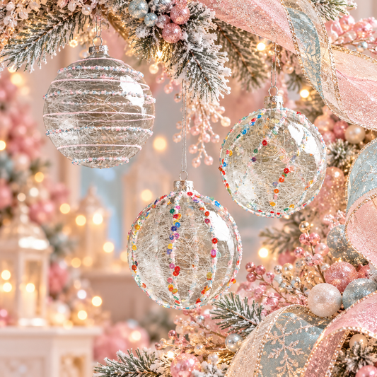 5" Clear Glass Spun Ball Assorted Ornament set of 9