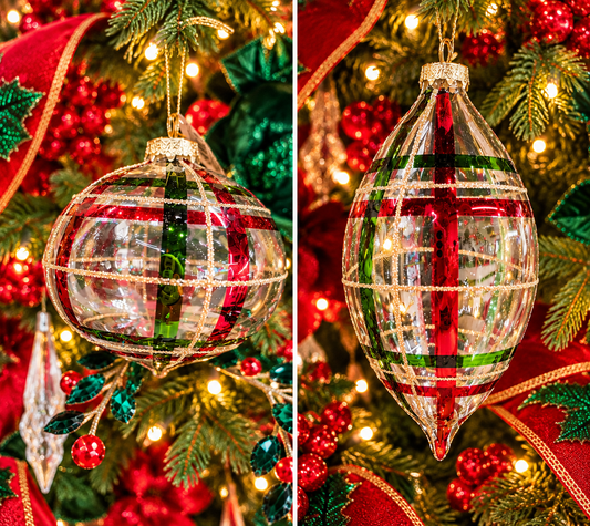 2026 Clear Plaid Glass Christmas Ornaments – Assorted Set of 9
