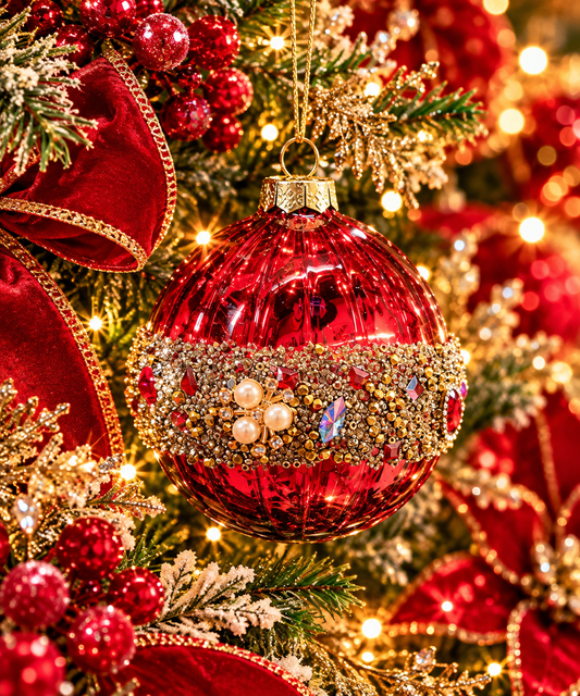 Jeweled Ruby Red Glass Christmas Ornaments – Set of 9