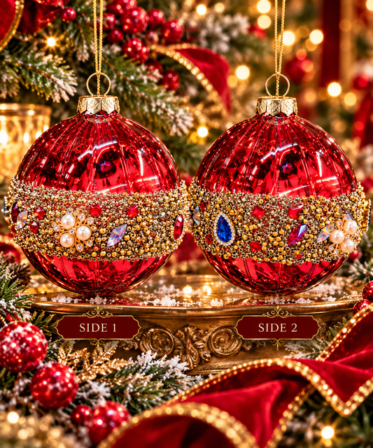 Jeweled Ruby Red Glass Christmas Ornaments – Set of 9