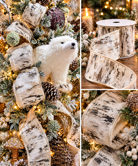 4" Birch Bark Glitter Wired Ribbon – 10 Yard Roll