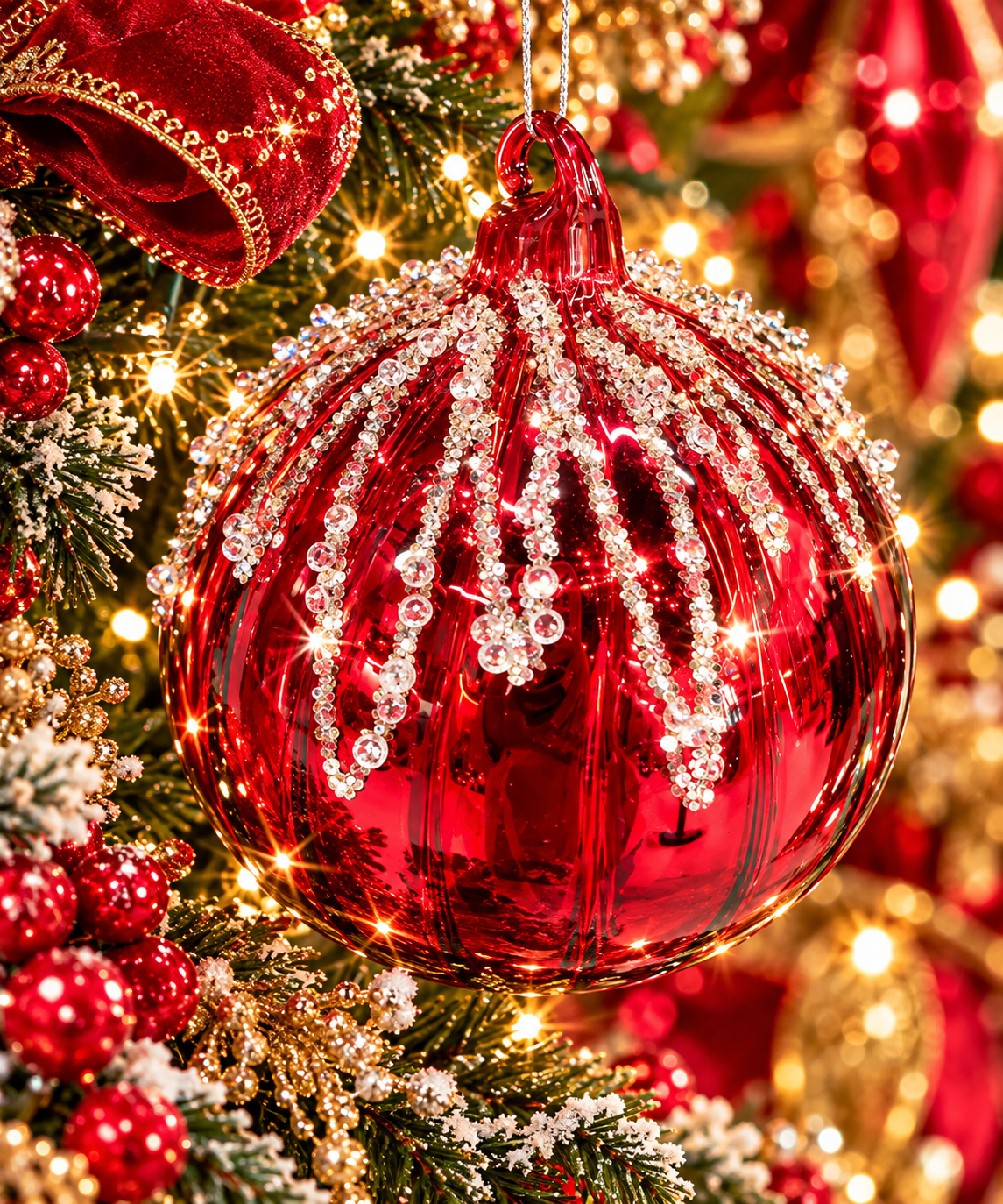 5 inch Ruby Red Glass Crystal Cascade Christmas Ornaments – Set of 9