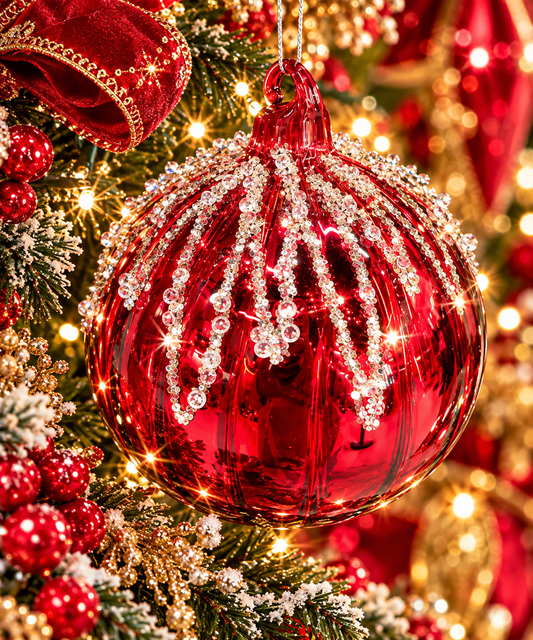 5 inch Ruby Red Glass Crystal Cascade Christmas Ornaments – Set of 9