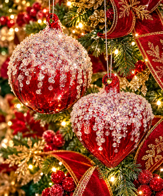 4 inch Red Glass Icicle-Sequin Christmas Ornaments – Assorted Set of 12