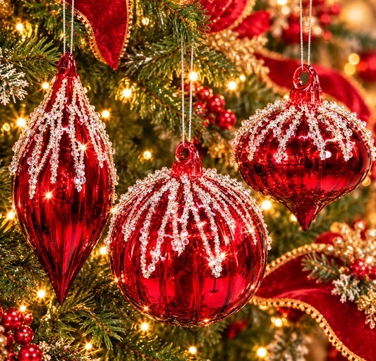 5 inch Ruby Red Glass Crystal Cascade Christmas Ornaments – Set of 9